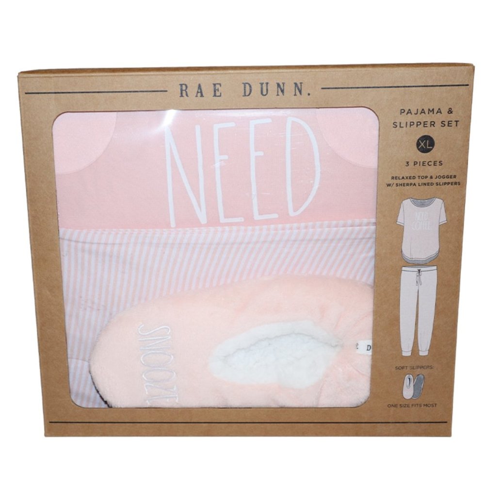 RAE DUNN Women's Short Sleeve Top and Pant "NEED COFFEE" Pajama Set PJ Slippers